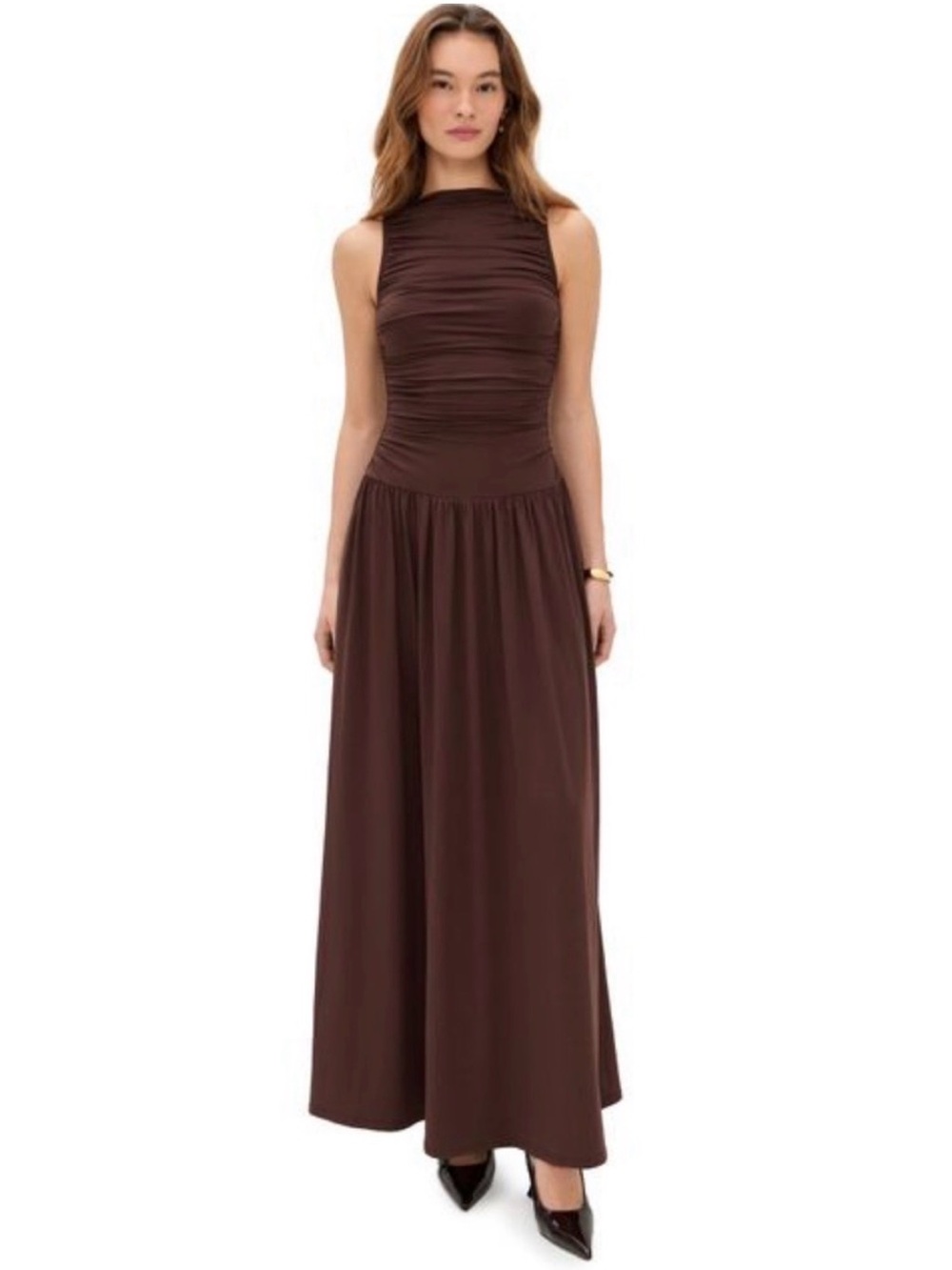 Sleeveless Ruched Maxi Dress in Dark Brown
